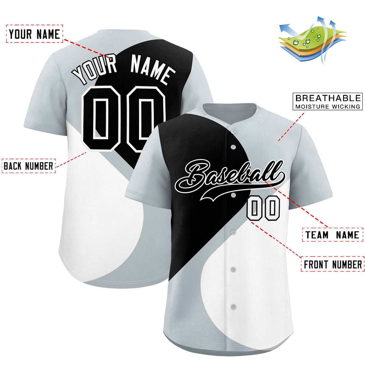Custom Silver Black-White Color Block Personalized Half Heart Pattern Authentic Baseball Jersey| KXKSHOP