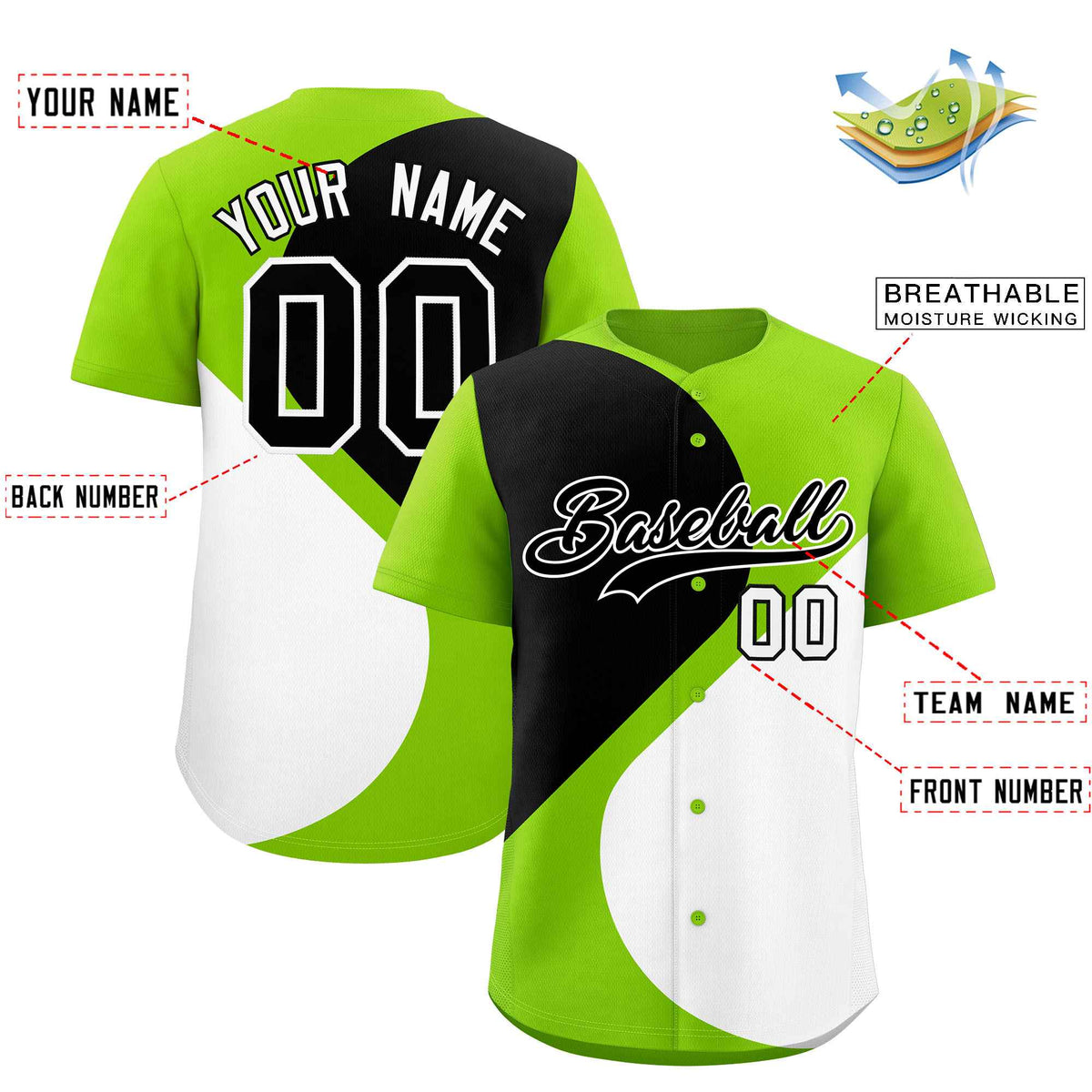 Custom Neon Green Black-White Color Block Personalized Half Heart Pattern Authentic Baseball Jersey| KXKSHOP