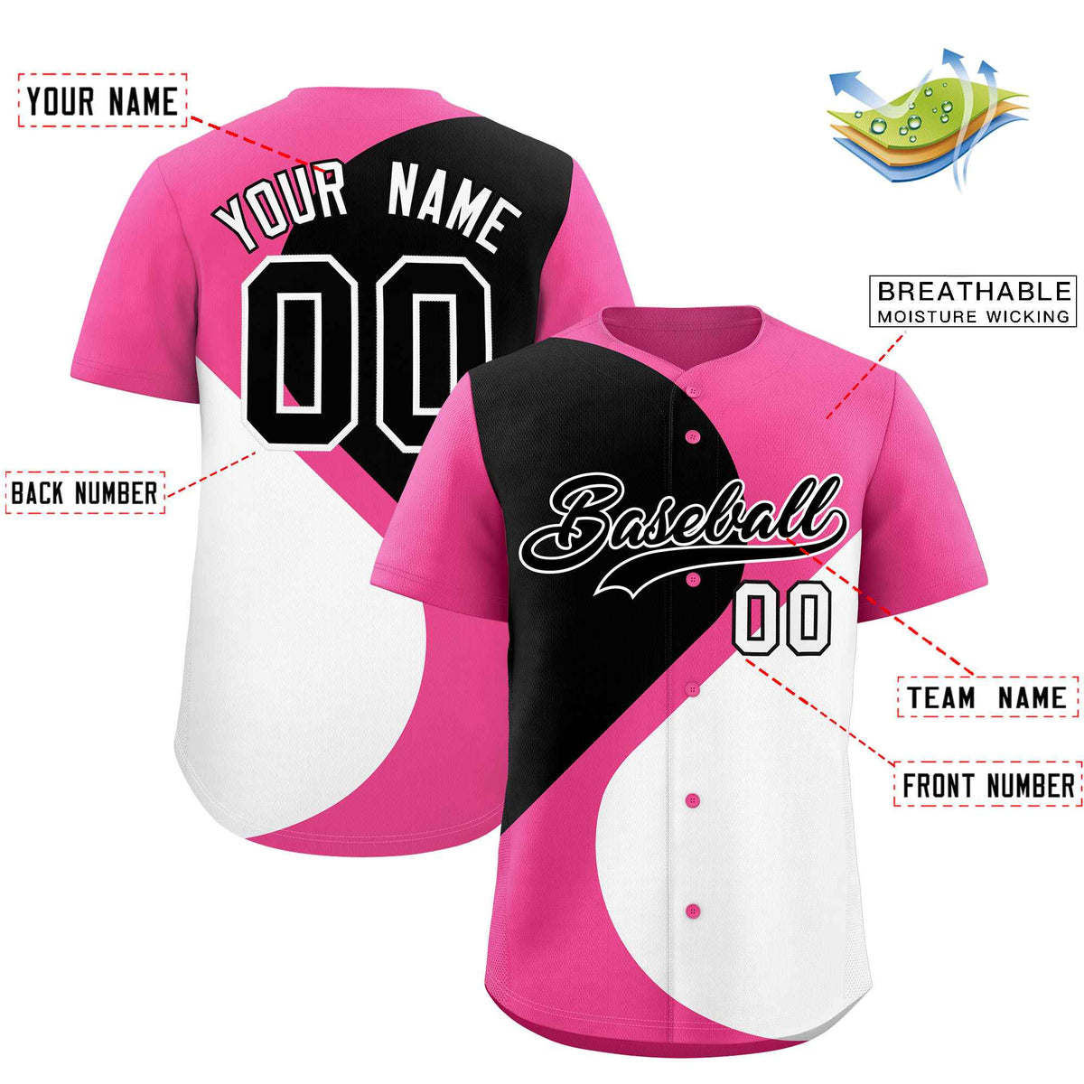 Custom Pink Black-White Color Block Personalized Half Heart Pattern Authentic Baseball Jersey| KXKSHOP
