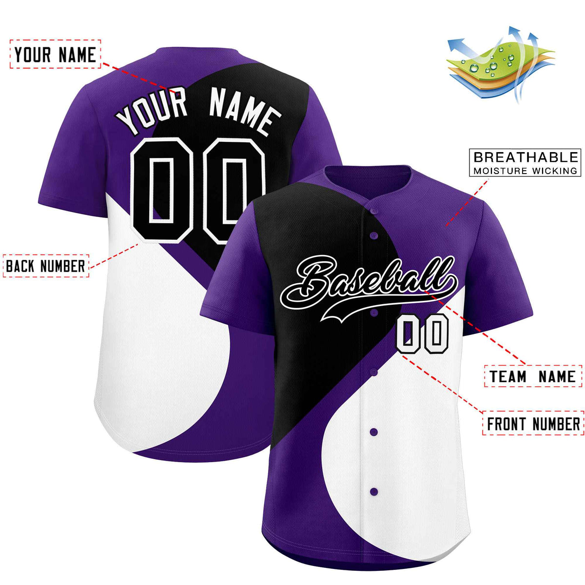 Custom Purple Black-White Color Block Personalized Half Heart Pattern Authentic Baseball Jersey| KXKSHOP