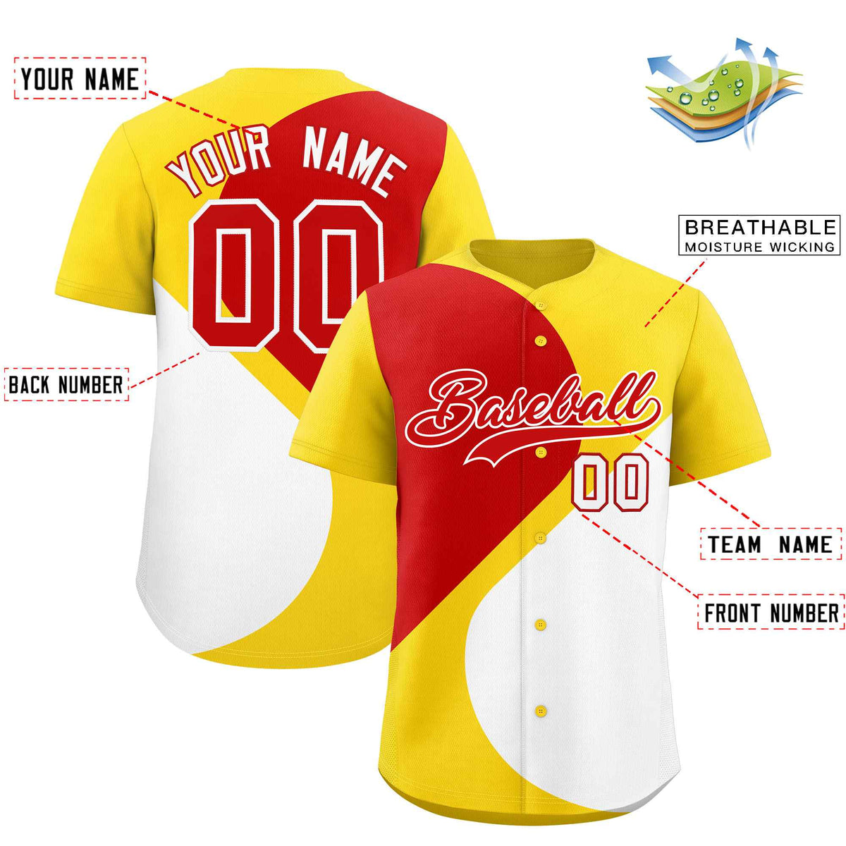 Custom Gold Red-White Color Block Personalized Half Heart Pattern Authentic Baseball Jersey| KXKSHOP