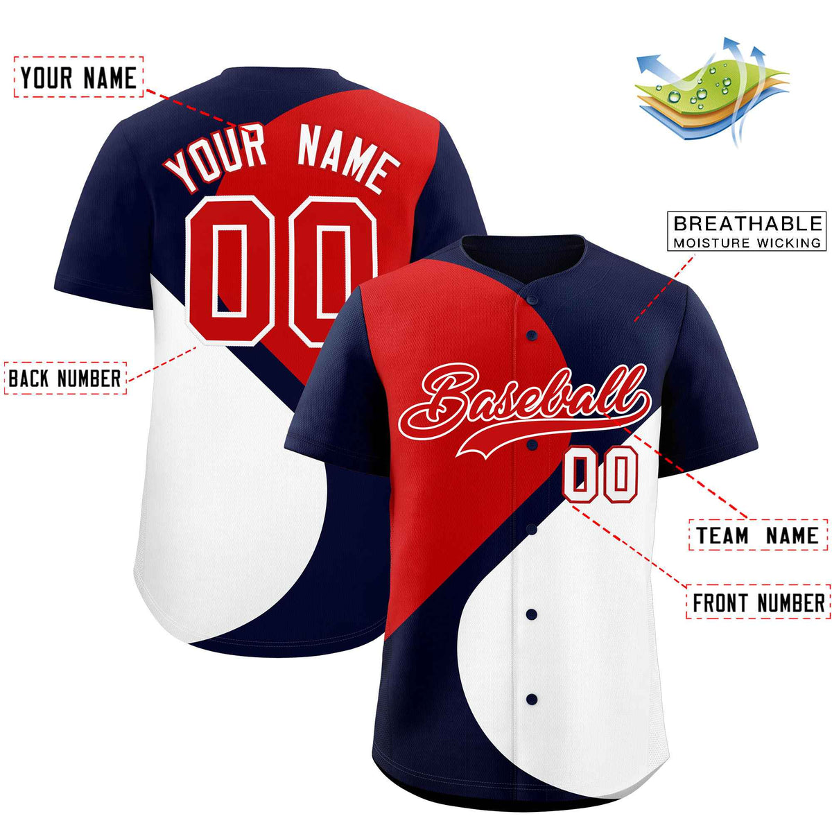 Custom Navy Red-White Color Block Personalized Half Heart Pattern Authentic Baseball Jersey| KXKSHOP