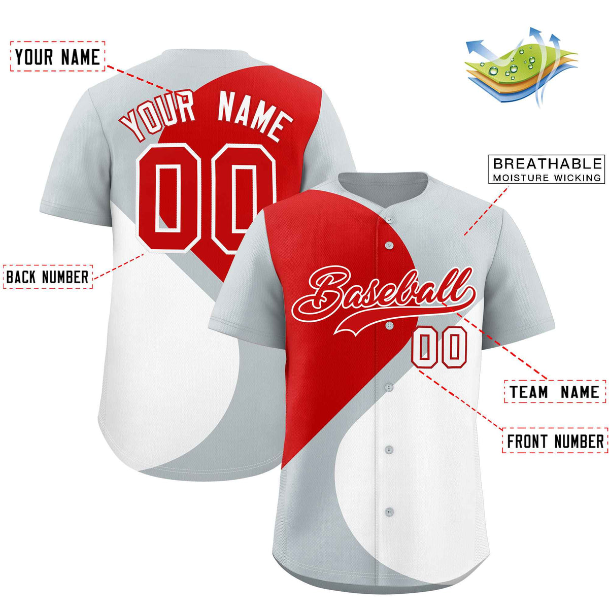 Custom Silver Red-White Color Block Personalized Half Heart Pattern Authentic Baseball Jersey| KXKSHOP