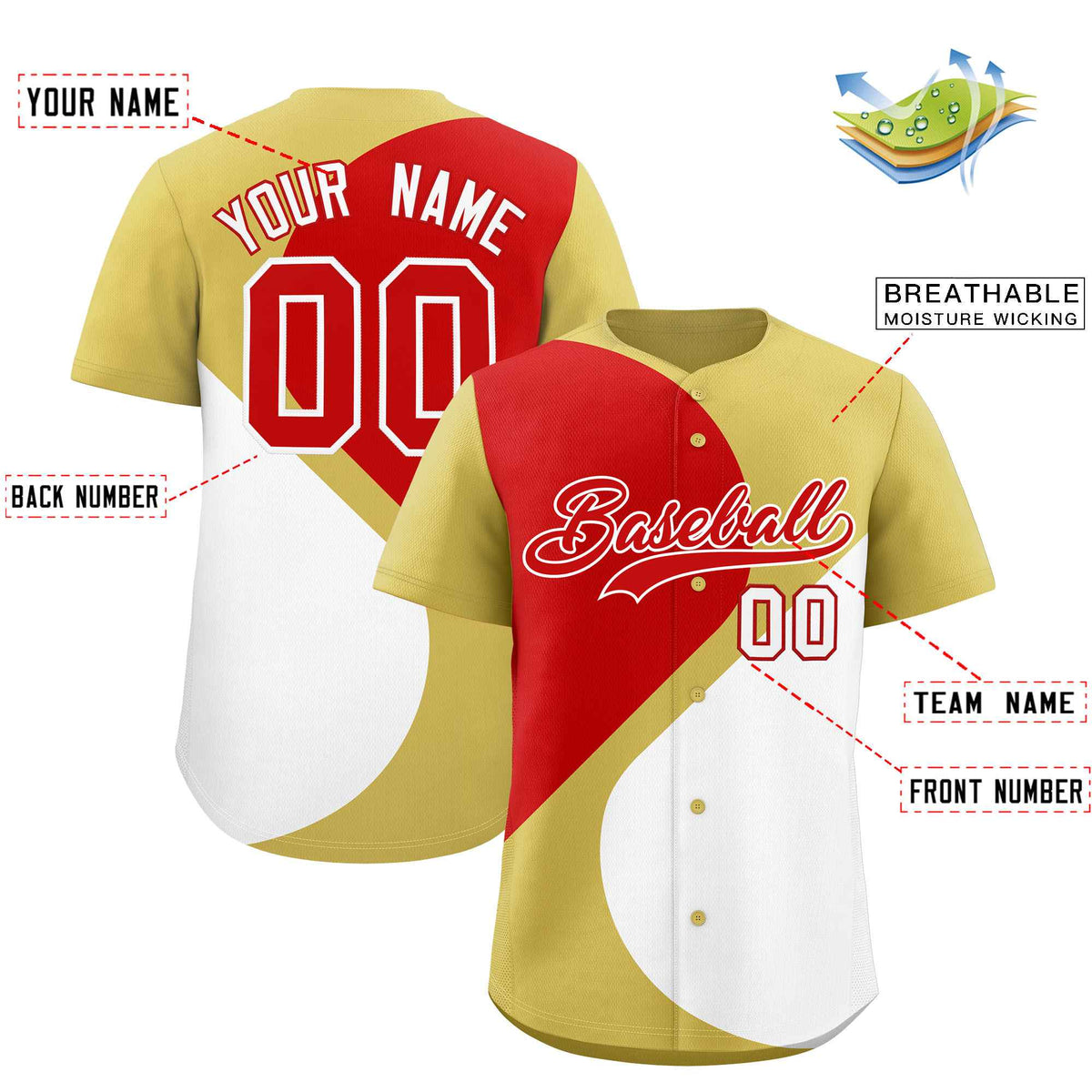 Custom Old Gold Red-White Color Block Personalized Half Heart Pattern Authentic Baseball Jersey| KXKSHOP