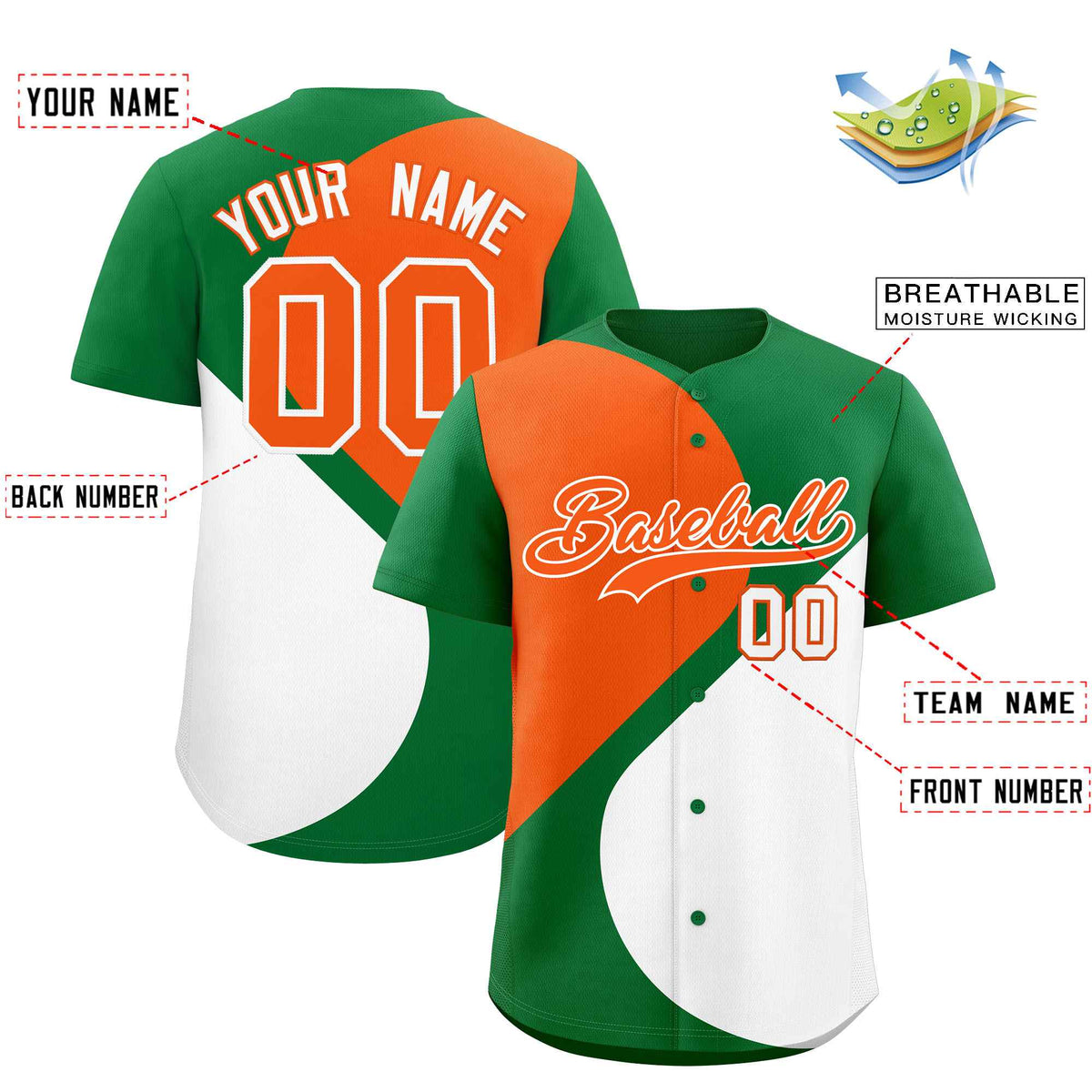 Custom Kelly Green Orange-White Color Block Personalized Half Heart Pattern Authentic Baseball Jersey| KXKSHOP