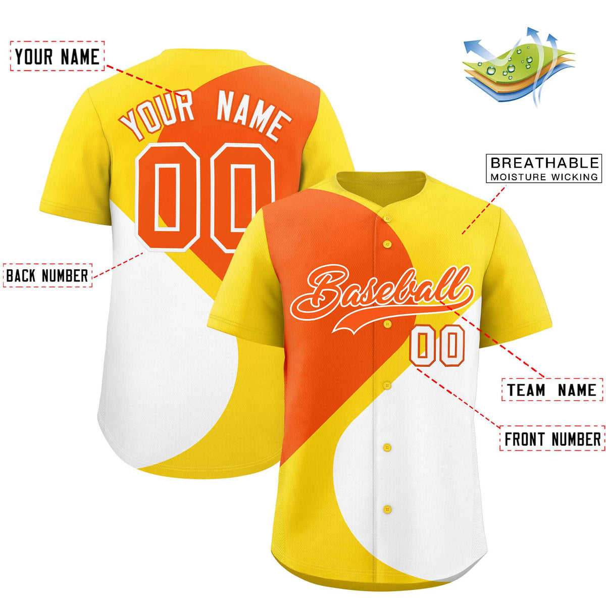 Custom Gold Orange-White Color Block Personalized Half Heart Pattern Authentic Baseball Jersey| KXKSHOP