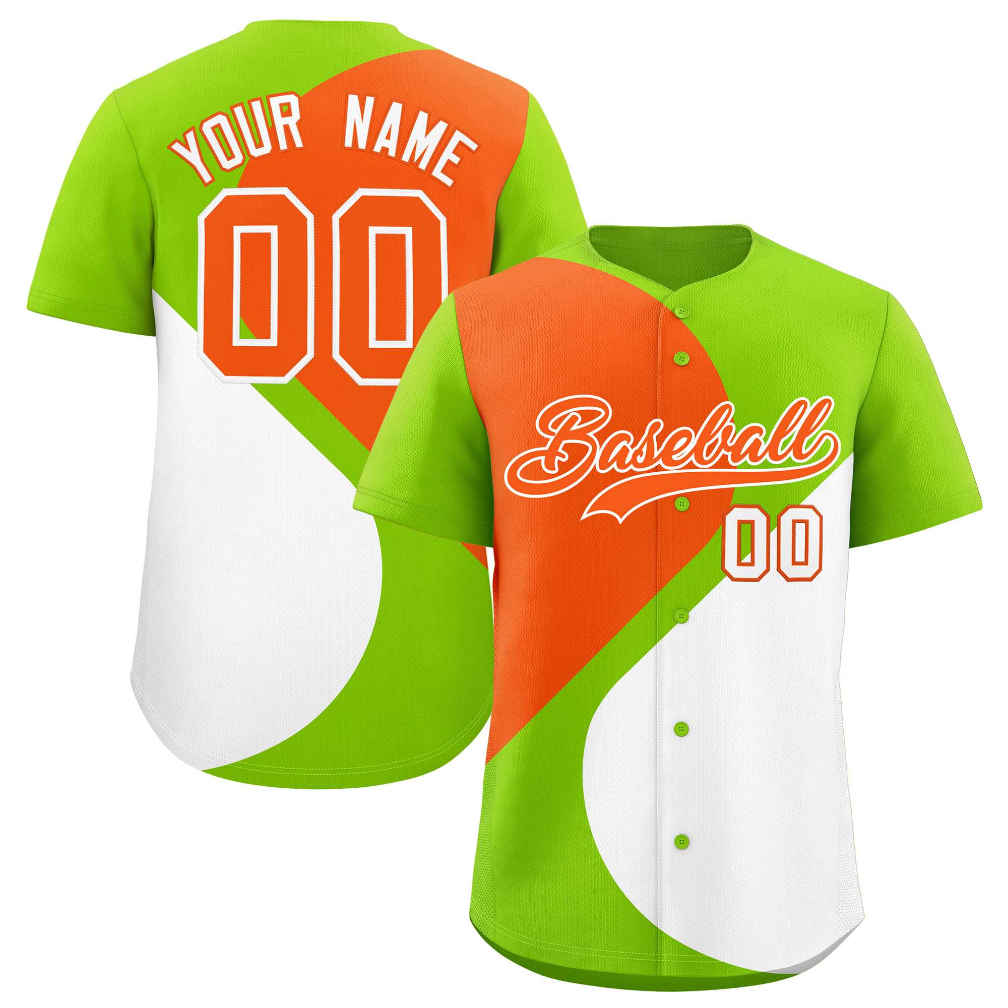 Custom Neon Green Orange-White Color Block Personalized Half Heart Pattern Authentic Baseball Jersey| KXKSHOP