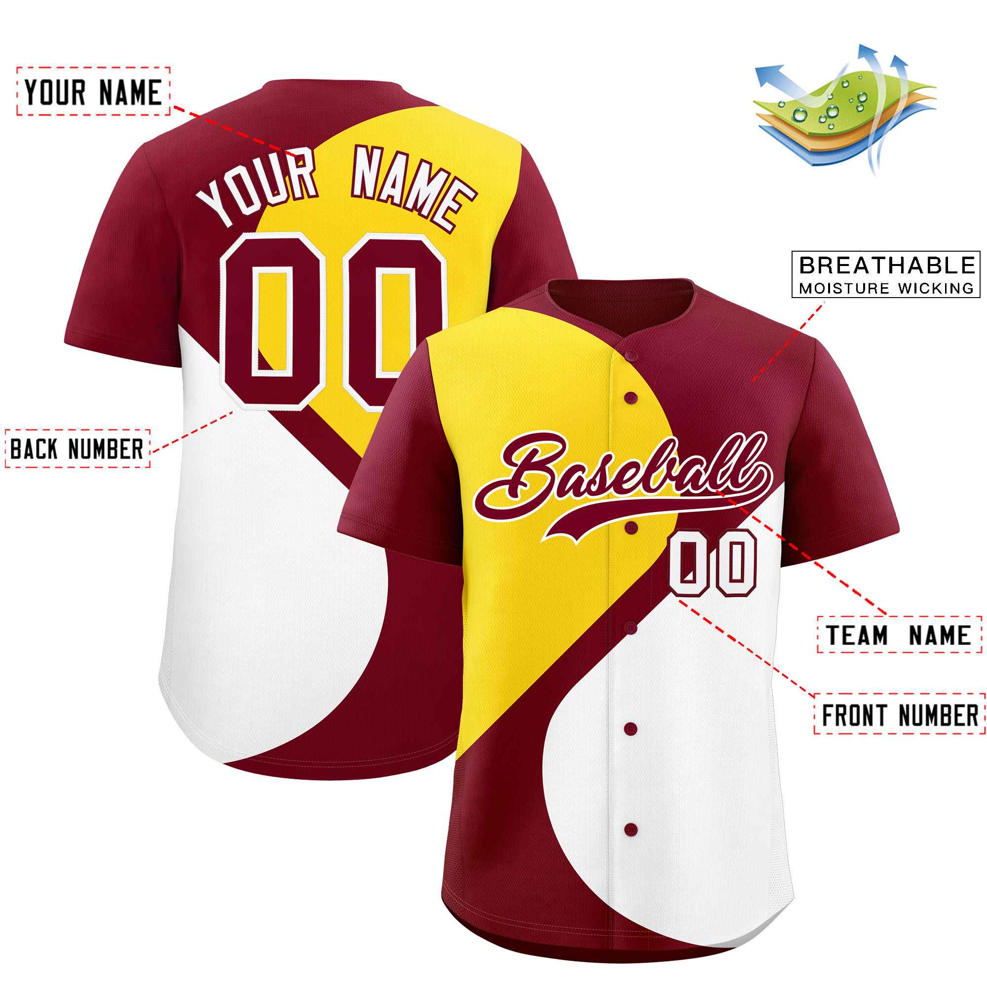 Custom Crimson Gold-White Color Block Personalized Half Heart Pattern Authentic Baseball Jersey| KXKSHOP