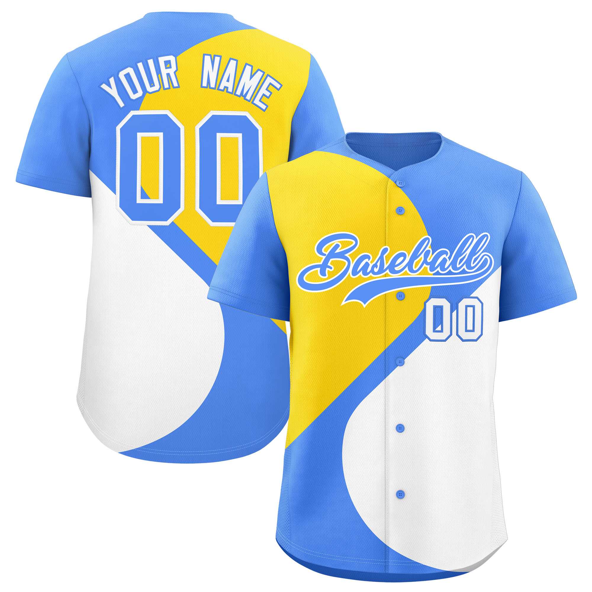 Custom Powder Blue Gold-White Color Block Personalized Half Heart Pattern Authentic Baseball Jersey| KXKSHOP