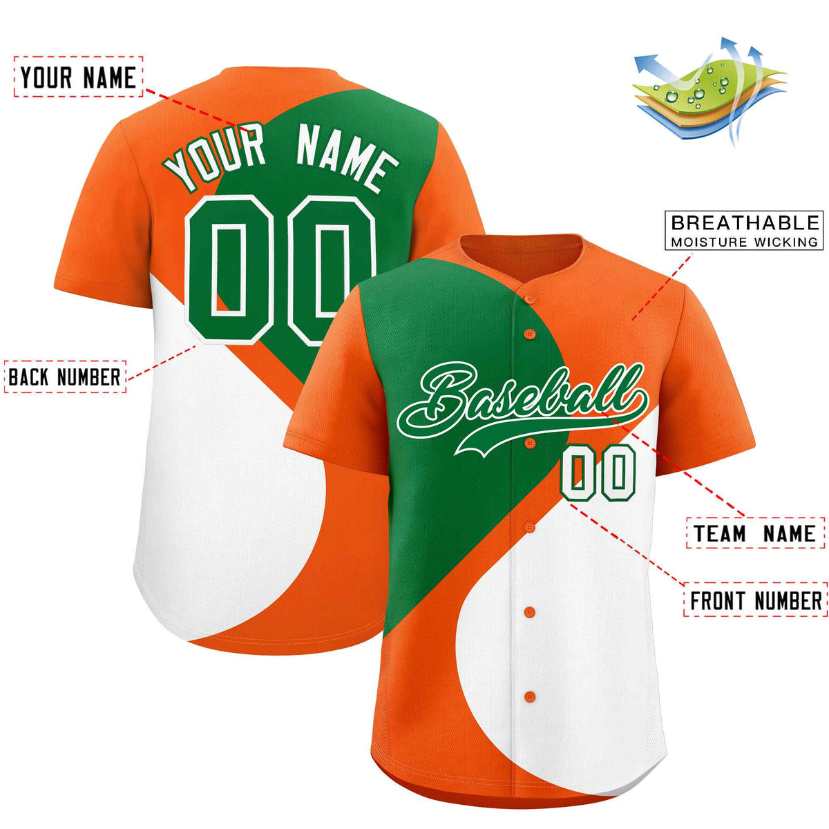 Custom Orange Kelly Green-White Color Block Personalized Half Heart Pattern Authentic Baseball Jersey| KXKSHOP