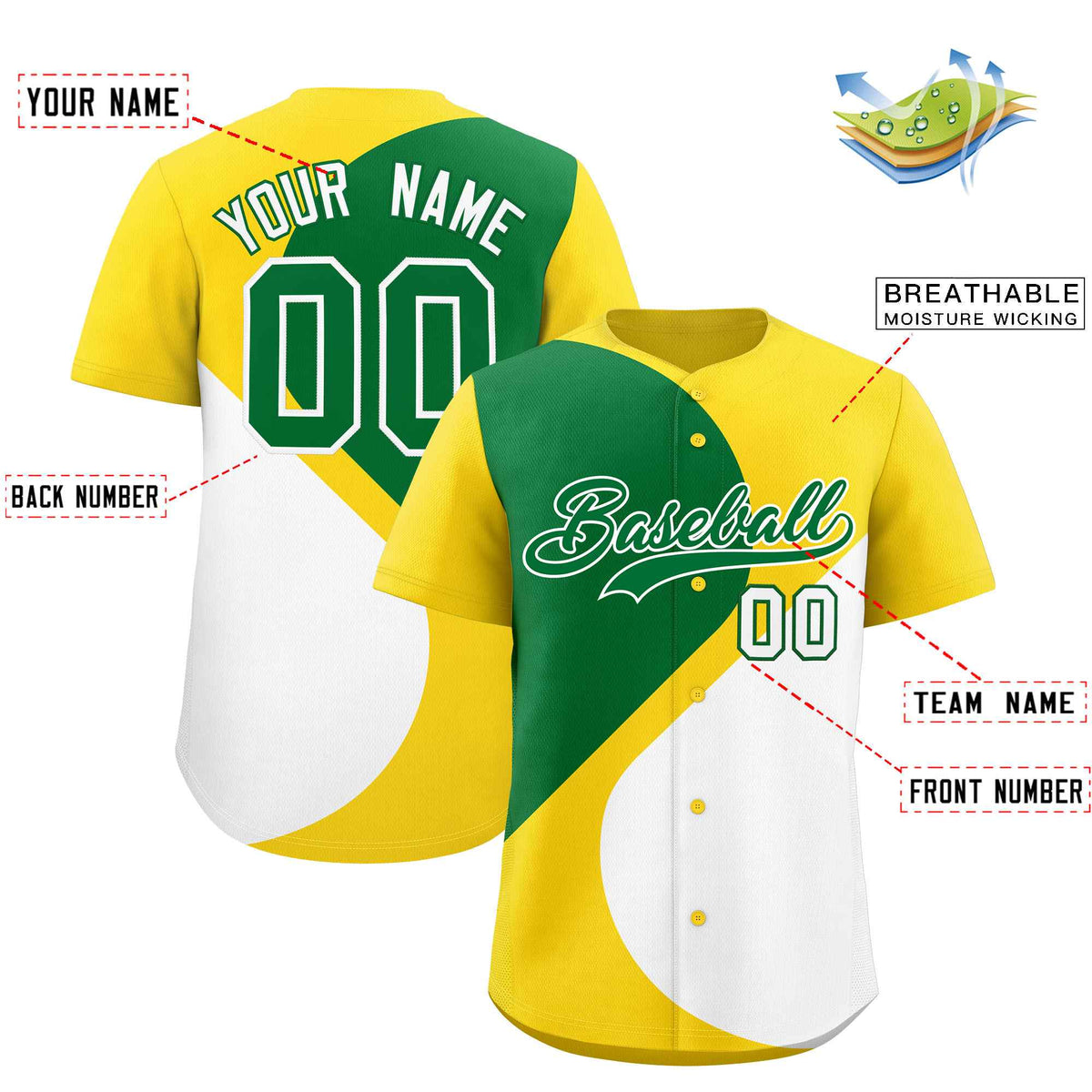 Custom Gold Kelly Green-White Color Block Personalized Half Heart Pattern Authentic Baseball Jersey| KXKSHOP