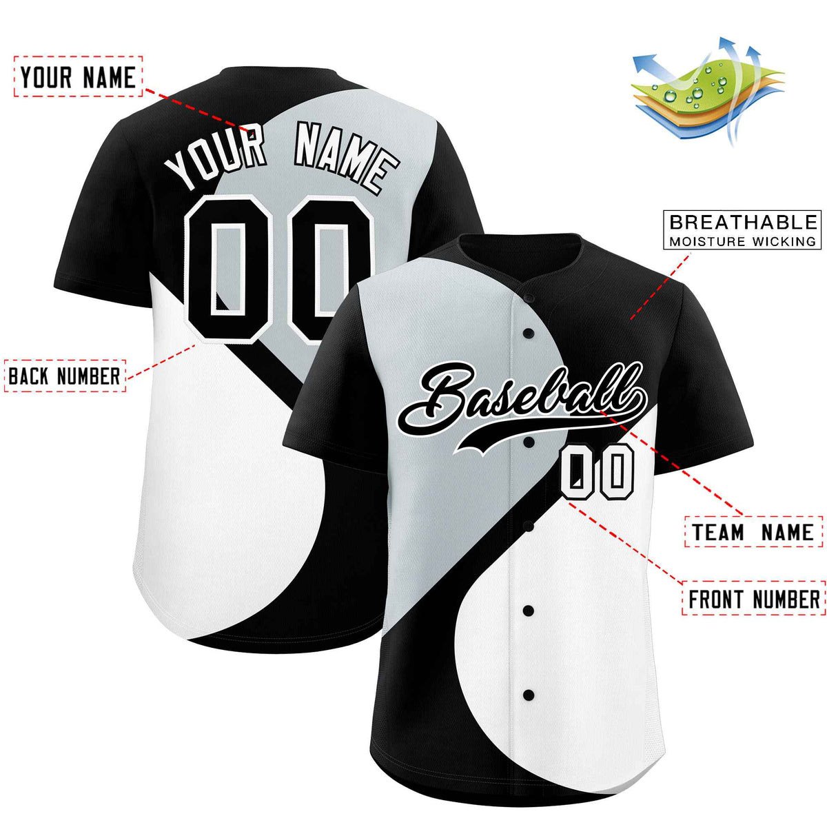 Custom Black Silver-White Color Block Personalized Half Heart Pattern Authentic Baseball Jersey| KXKSHOP