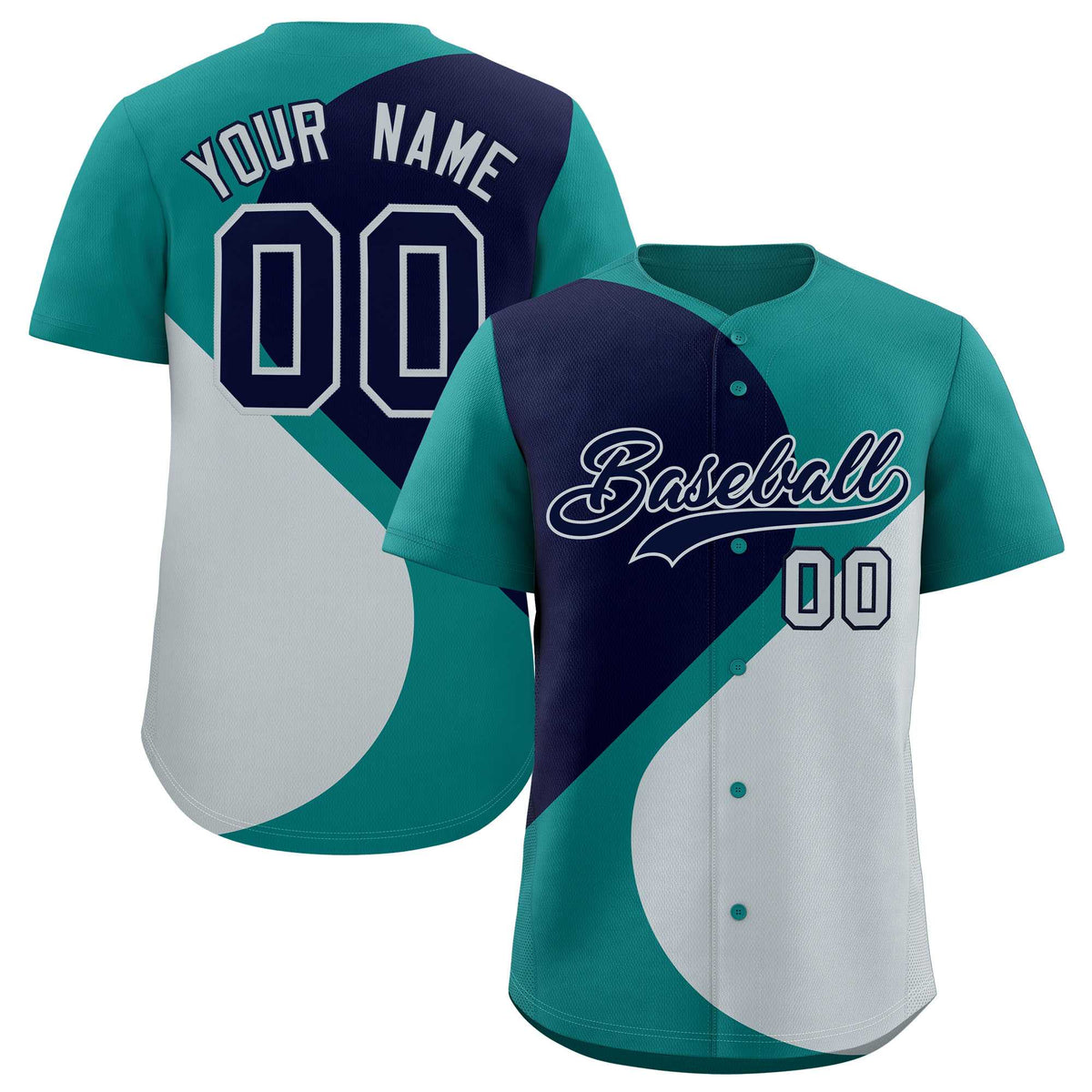 Custom Aqua Navy-Silver Color Block Personalized Half Heart Pattern Authentic Baseball Jersey| KXKSHOP