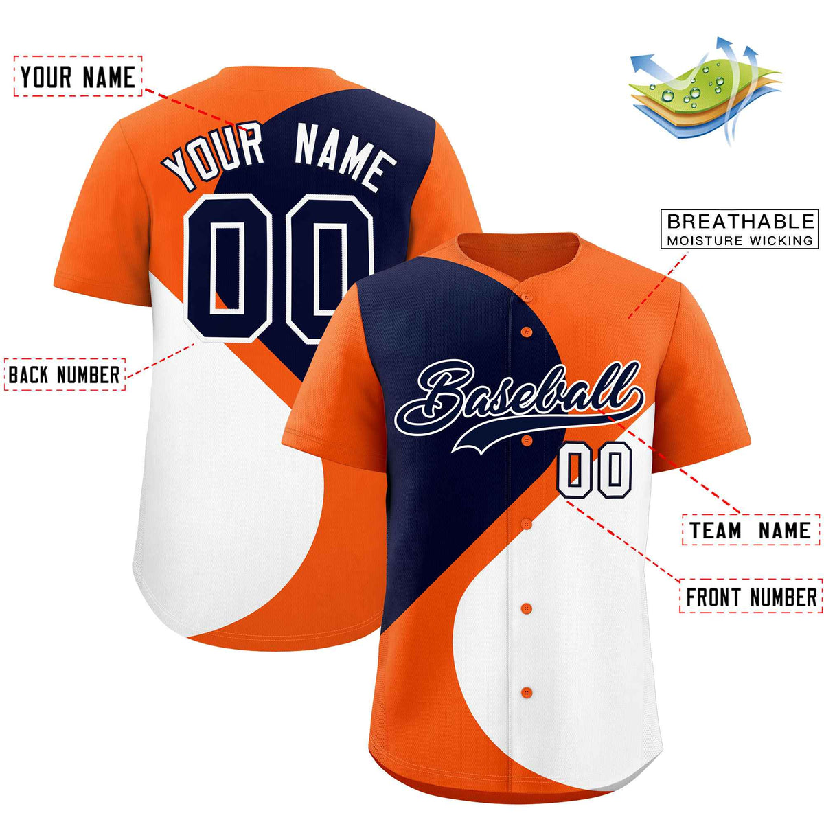 Custom Orange Navy-White Color Block Personalized Half Heart Pattern Authentic Baseball Jersey| KXKSHOP