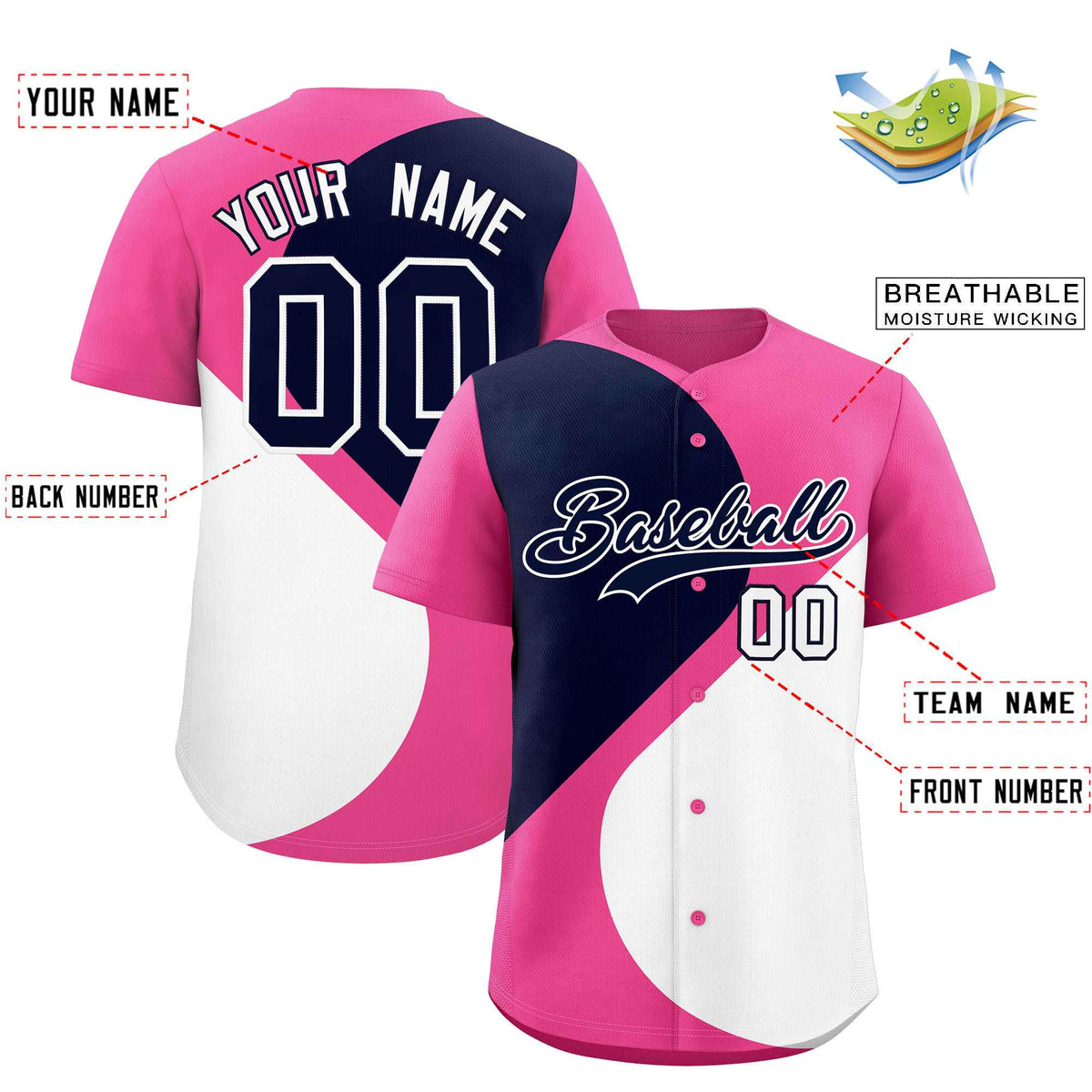Custom Pink Navy-White Color Block Personalized Half Heart Pattern Authentic Baseball Jersey| KXKSHOP