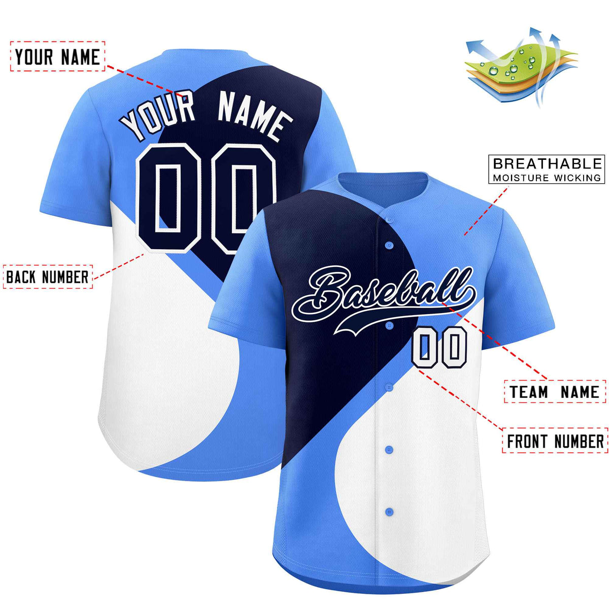 Custom Powder Blue Navy-White Color Block Personalized Half Heart Pattern Authentic Baseball Jersey| KXKSHOP