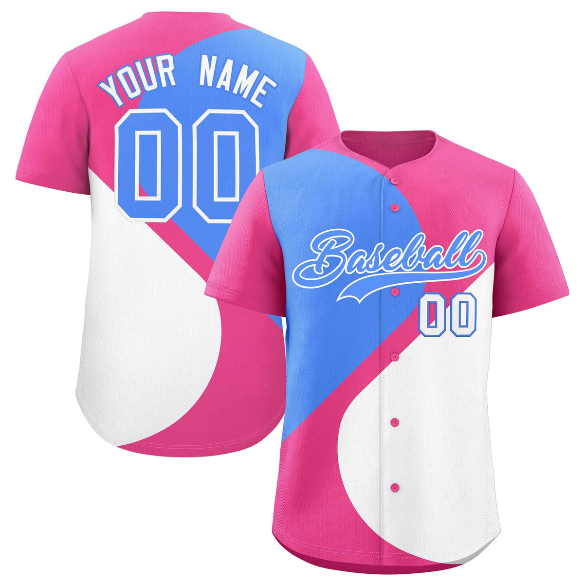 Custom Pink Powder Blue-White Color Block Personalized Half Heart Pattern Authentic Baseball Jersey| KXKSHOP
