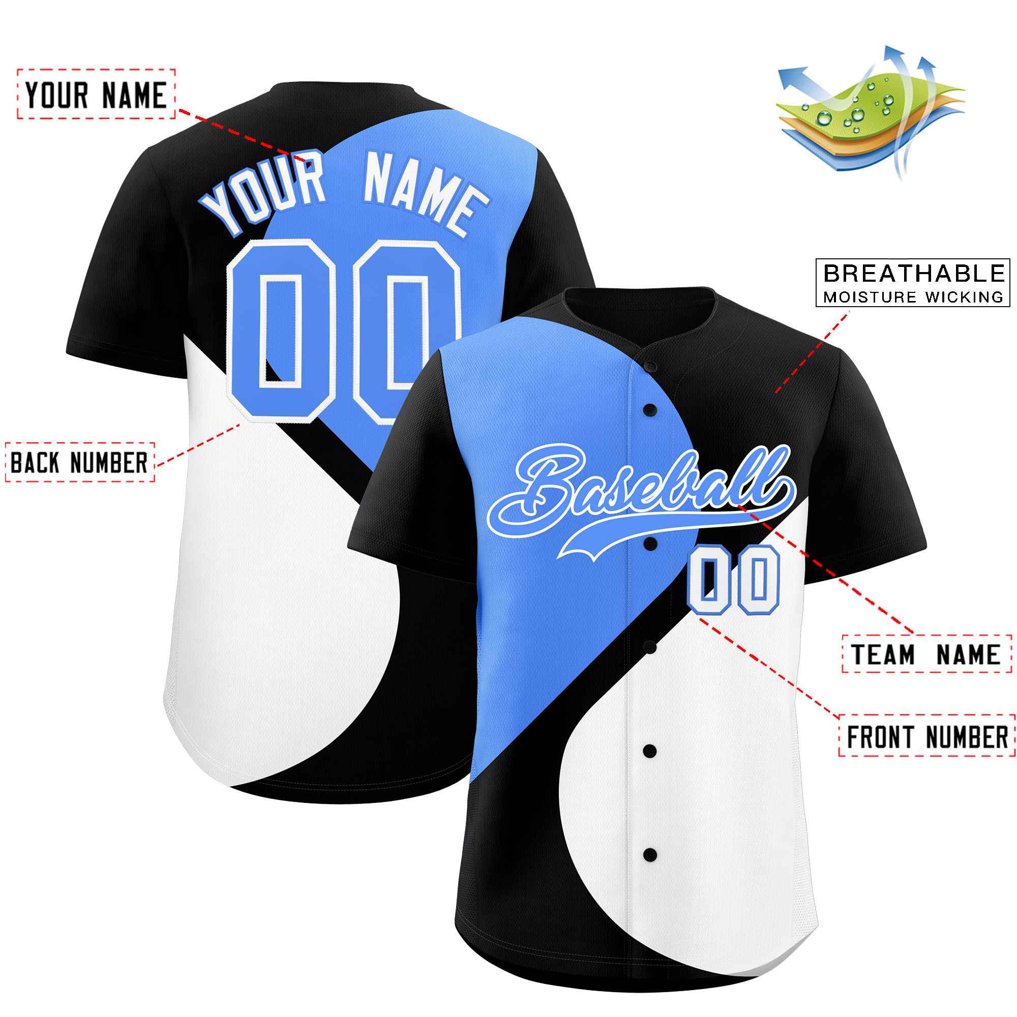 Custom Black Powder Blue-White Color Block Personalized Half Heart Pattern Authentic Baseball Jersey| KXKSHOP