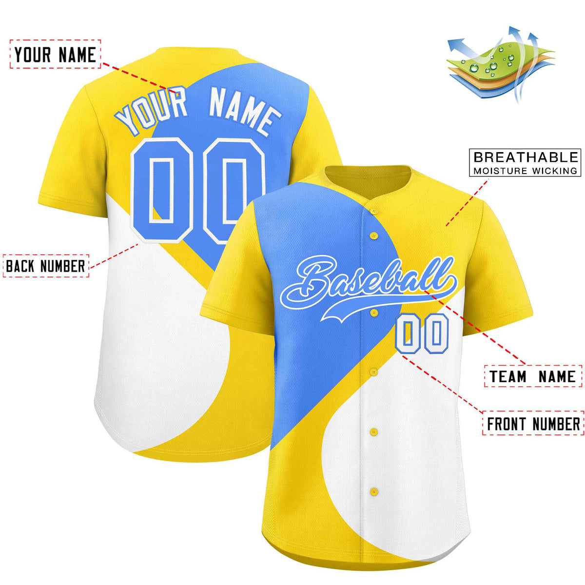 Custom Gold Powder Blue-White Color Block Personalized Half Heart Pattern Authentic Baseball Jersey| KXKSHOP