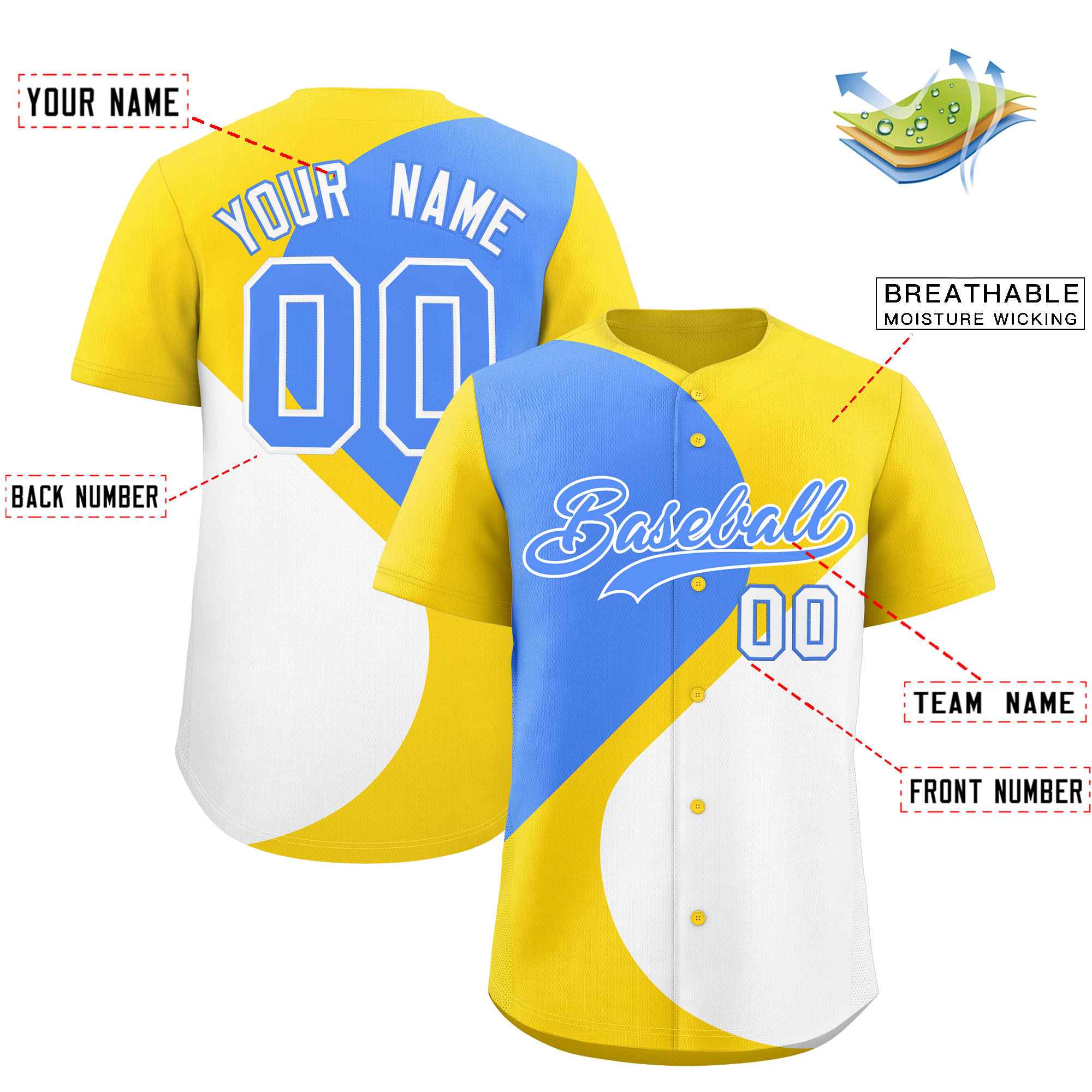 Custom Gold Powder Blue-White Color Block Personalized Half Heart Pattern Authentic Baseball Jersey| KXKSHOP