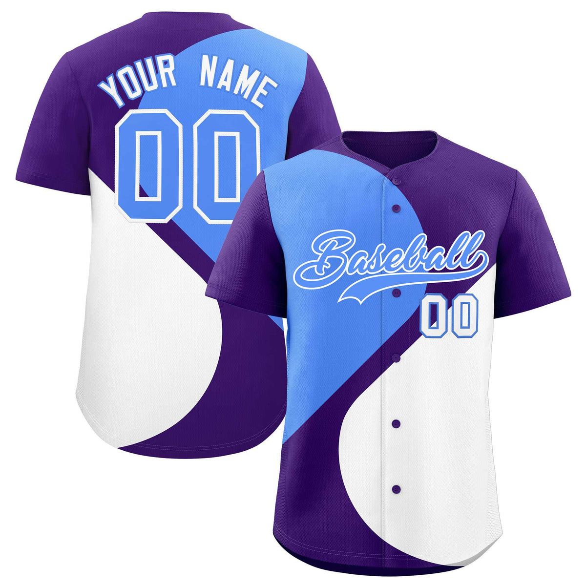 Custom Purple Powder Blue-White Color Block Personalized Half Heart Pattern Authentic Baseball Jersey| KXKSHOP
