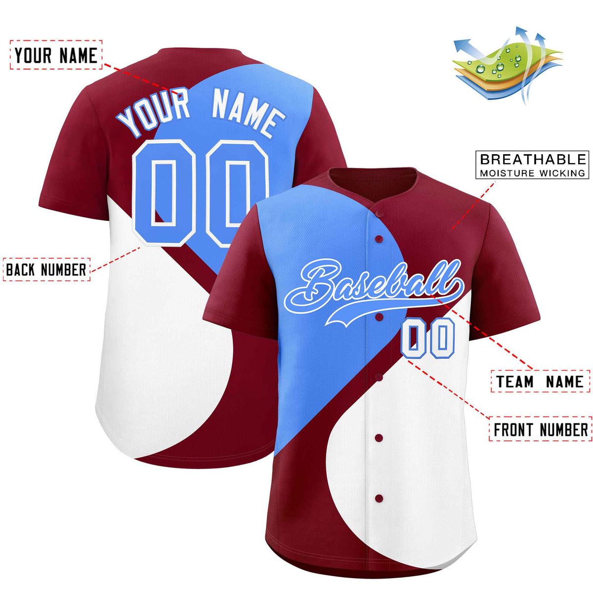 Custom Crimson Powder Blue-White Color Block Personalized Half Heart Pattern Authentic Baseball Jersey| KXKSHOP