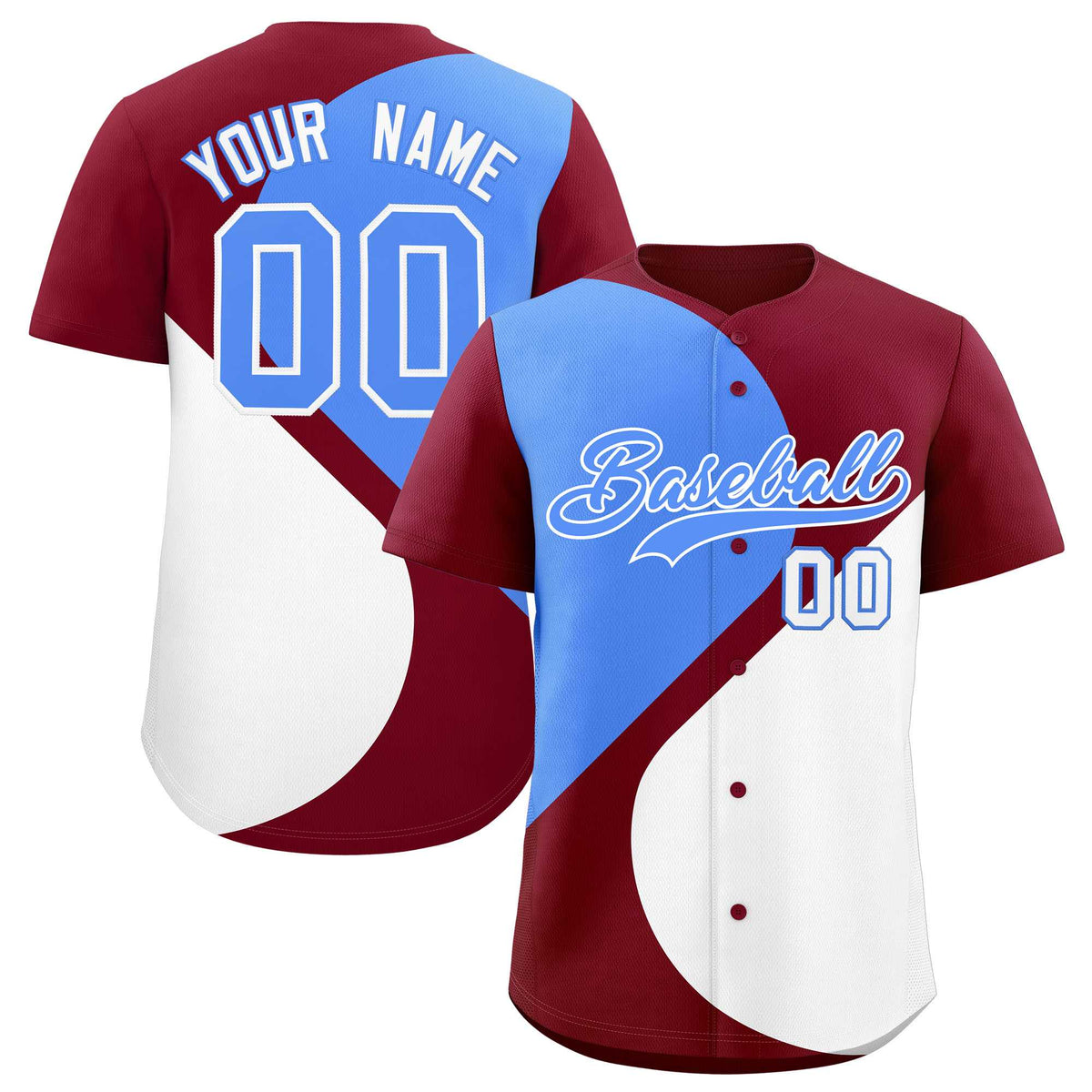Custom Crimson Powder Blue-White Color Block Personalized Half Heart Pattern Authentic Baseball Jersey| KXKSHOP