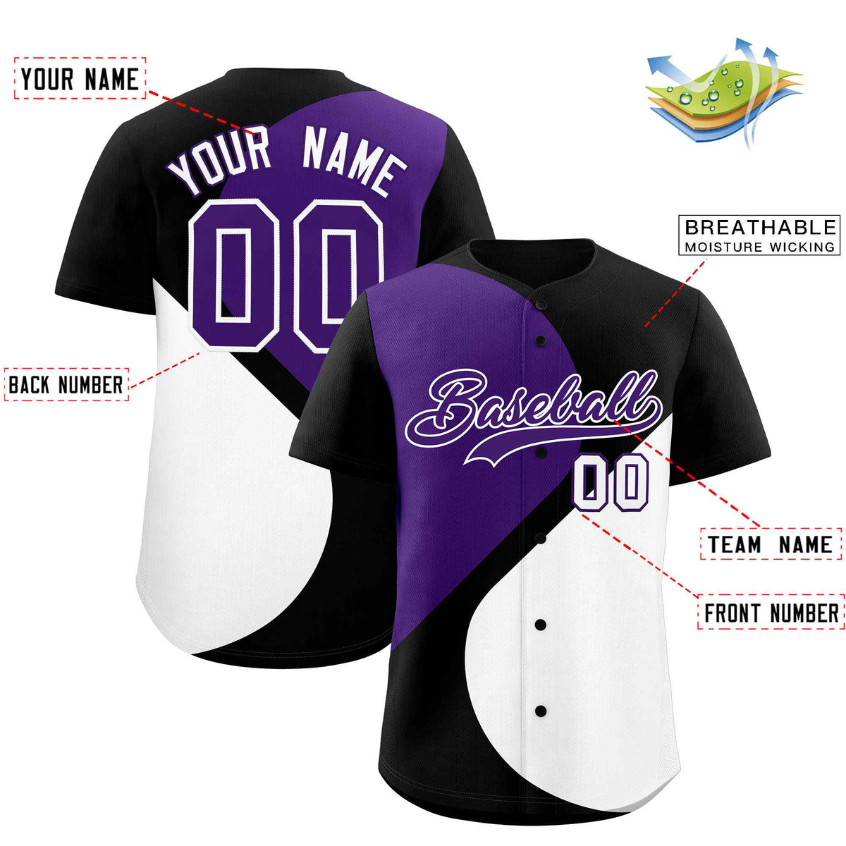Custom Black Purple-White Color Block Personalized Half Heart Pattern Authentic Baseball Jersey| KXKSHOP
