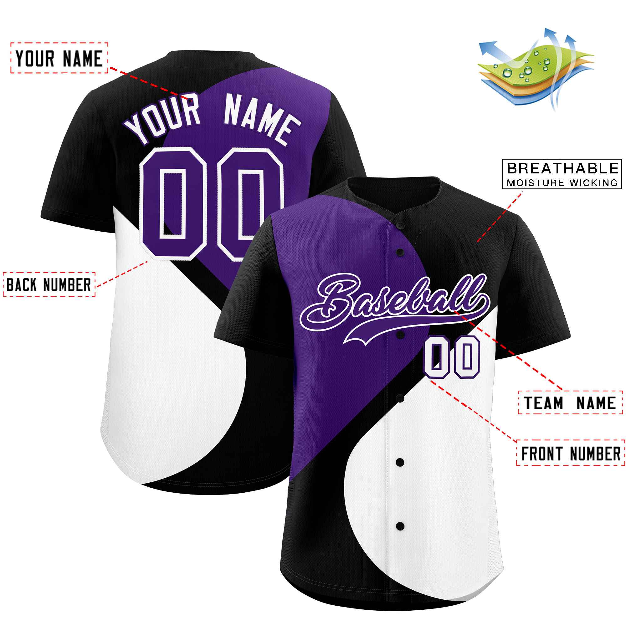 Custom Black Purple-White Color Block Personalized Half Heart Pattern Authentic Baseball Jersey| KXKSHOP