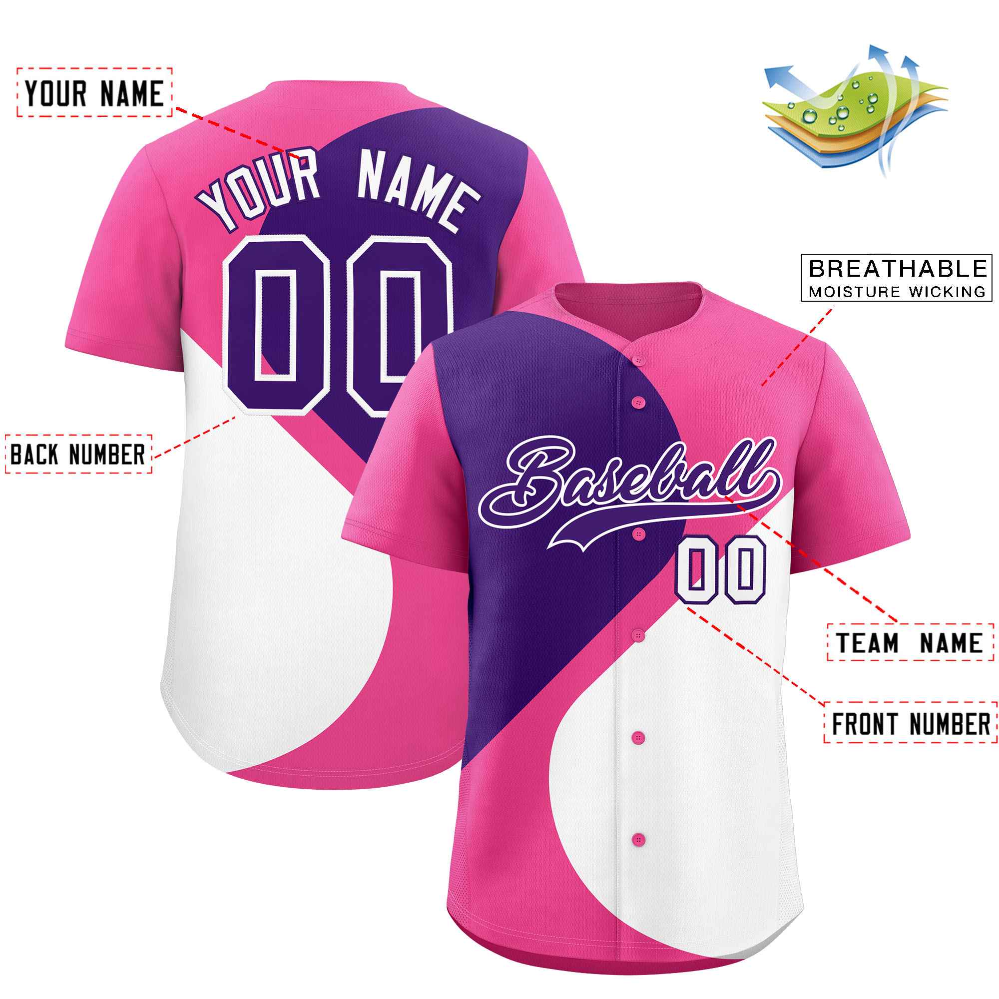 Custom Pink Purple-White Color Block Personalized Half Heart Pattern Authentic Baseball Jersey| KXKSHOP
