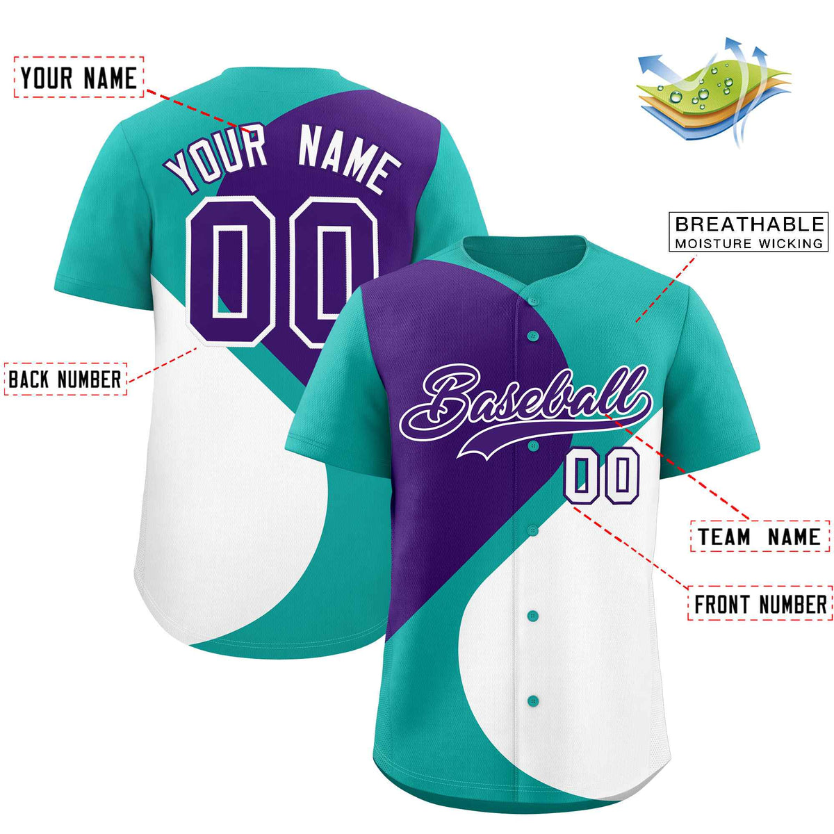 Custom Aqua Purple-White Color Block Personalized Half Heart Pattern Authentic Baseball Jersey| KXKSHOP