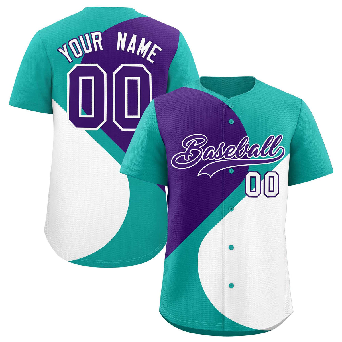 Custom Aqua Purple-White Color Block Personalized Half Heart Pattern Authentic Baseball Jersey| KXKSHOP