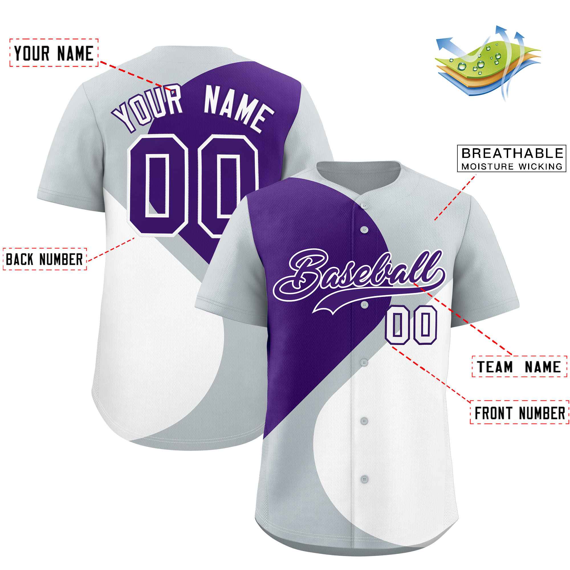 Custom Silver Purple-White Color Block Personalized Half Heart Pattern Authentic Baseball Jersey| KXKSHOP