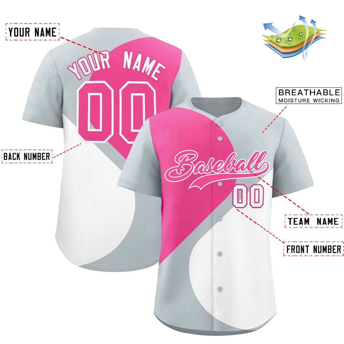 Custom Silver Pink-White Color Block Personalized Half Heart Pattern Authentic Baseball Jersey| KXKSHOP