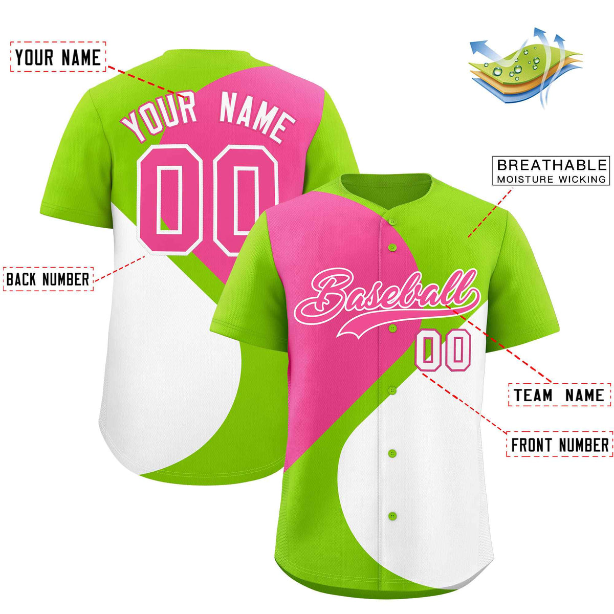Custom Neon Green Pink-White Color Block Personalized Half Heart Pattern Authentic Baseball Jersey| KXKSHOP