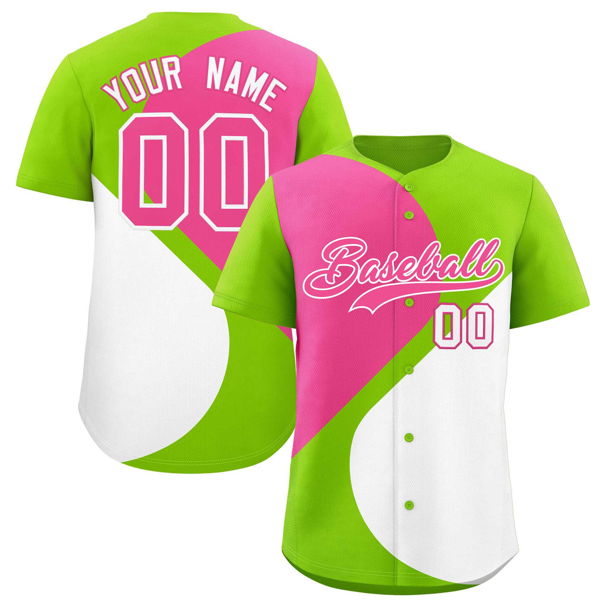 Custom Neon Green Pink-White Color Block Personalized Half Heart Pattern Authentic Baseball Jersey| KXKSHOP