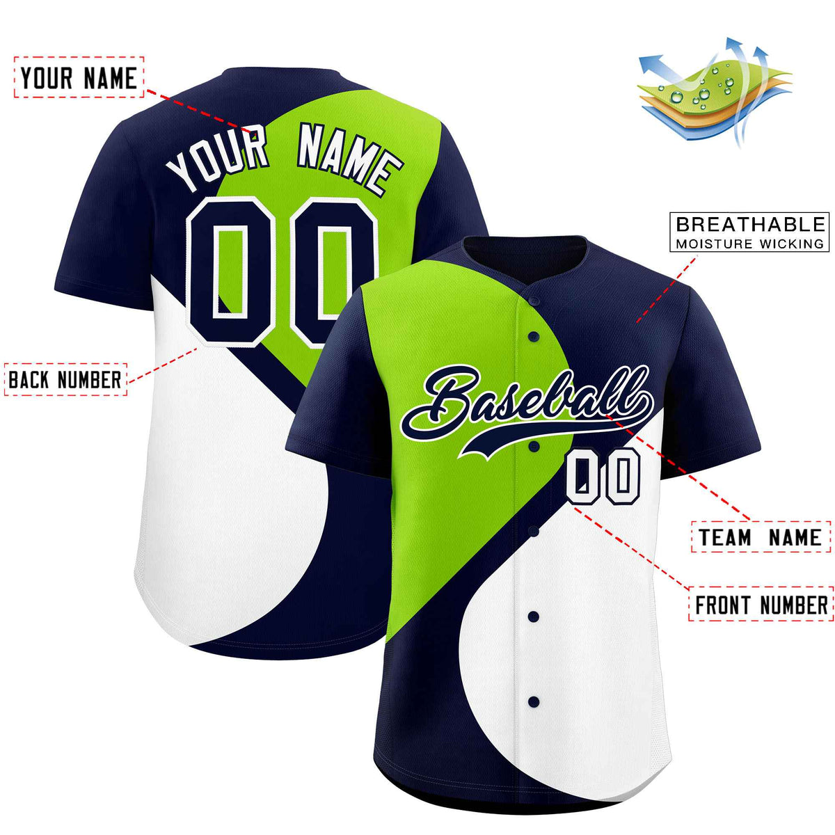 Custom Navy Neon Green-White Color Block Personalized Half Heart Pattern Authentic Baseball Jersey| KXKSHOP