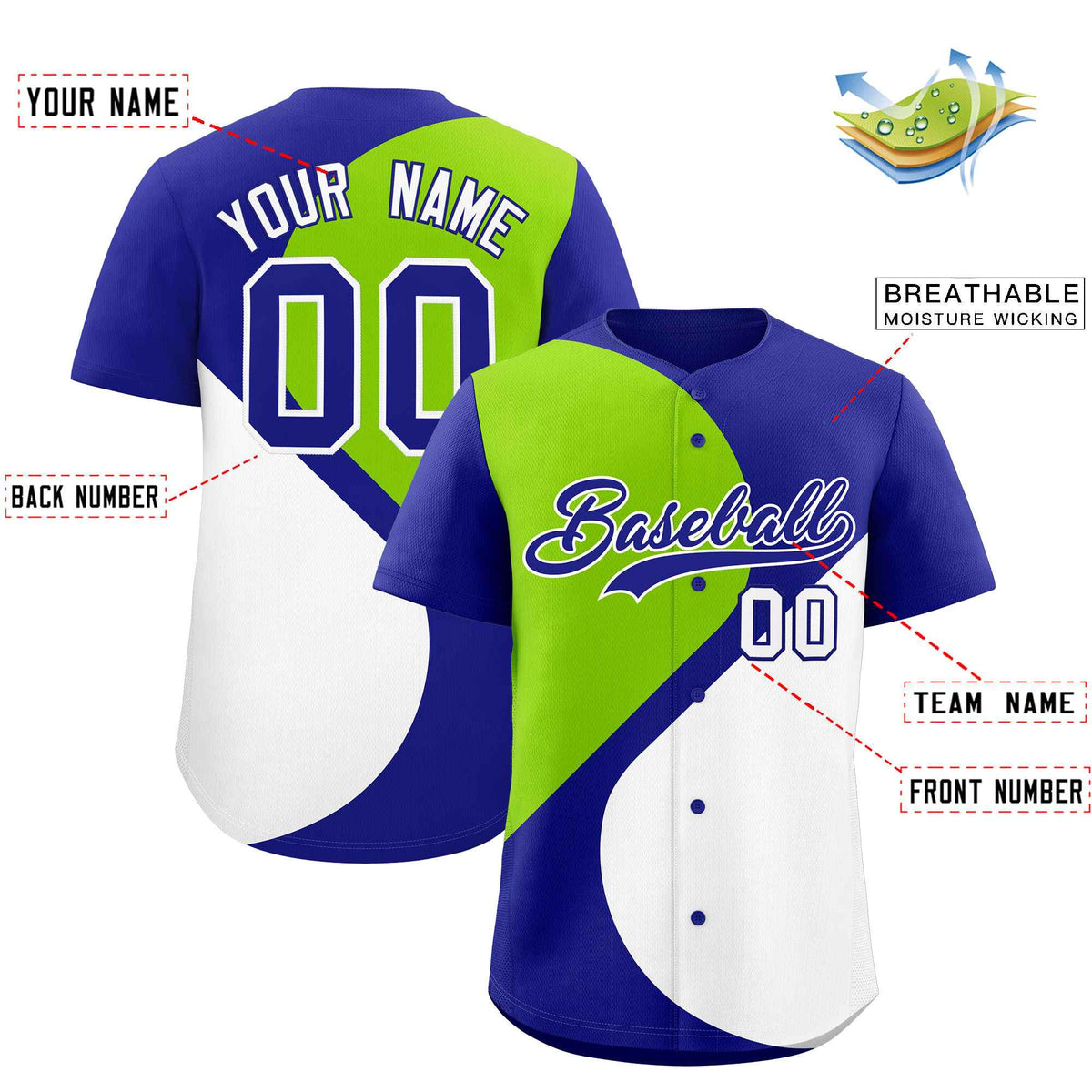 Custom Royal Neon Green-White Color Block Personalized Half Heart Pattern Authentic Baseball Jersey| KXKSHOP