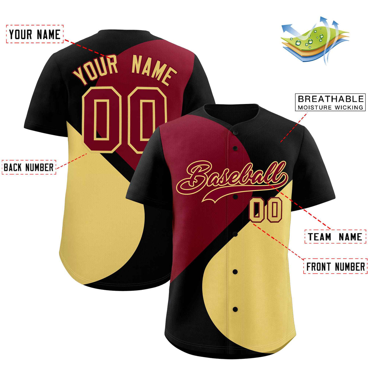 Custom Black Crimson-Khaki Color Block Personalized Half Heart Pattern Authentic Baseball Jersey| KXKSHOP