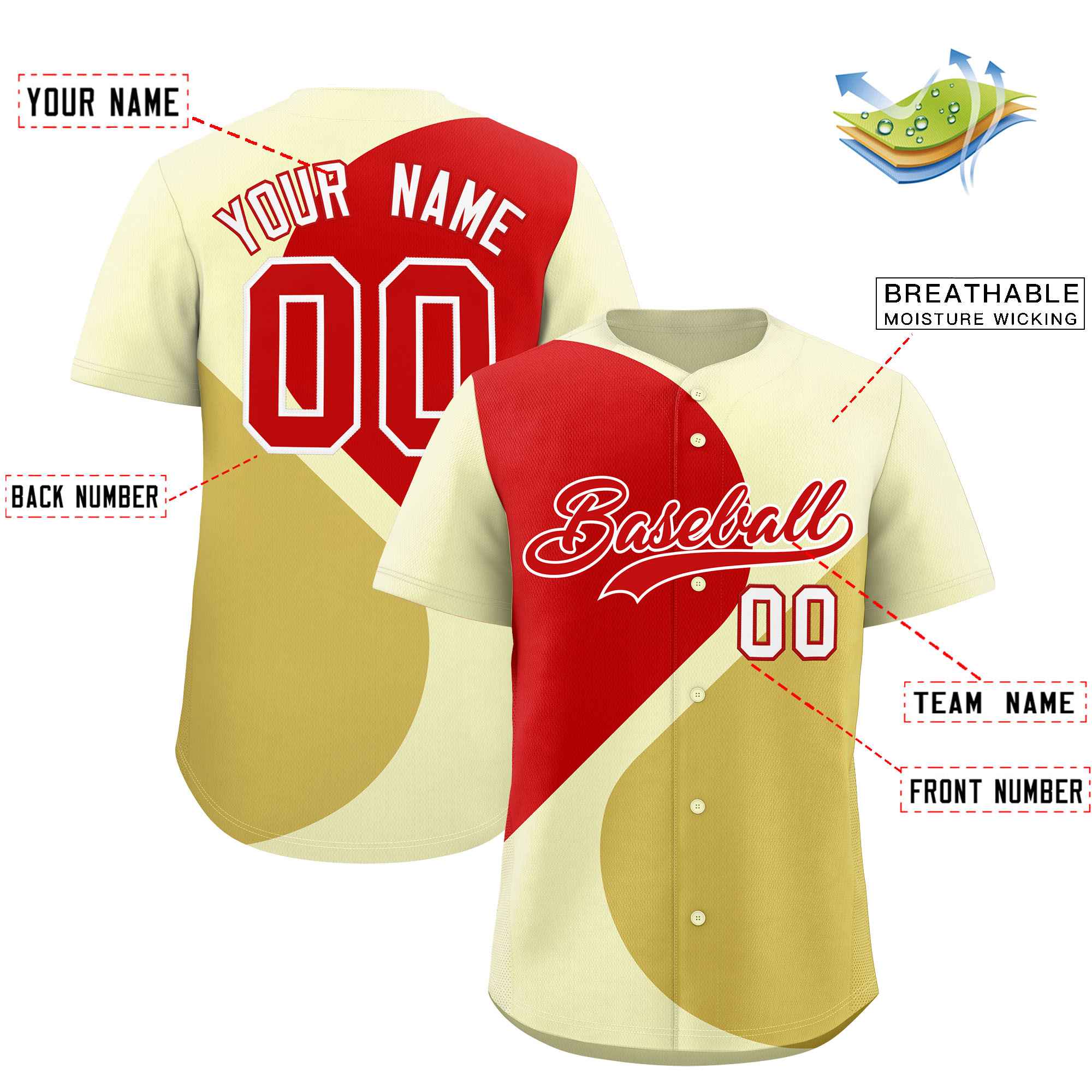 Custom Cream Red-Old Gold Color Block Personalized Half Heart Pattern Authentic Baseball Jersey| KXKSHOP