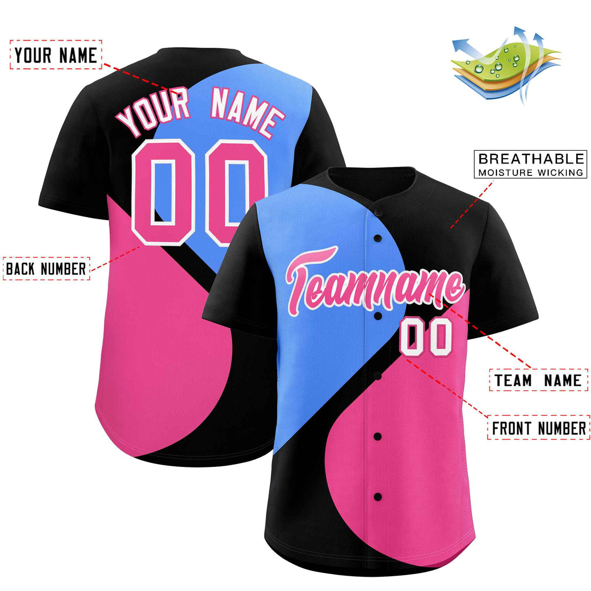 Custom Black Powder Blue-Pink Color Block Personalized Half Heart Pattern Authentic Baseball Jersey| KXKSHOP