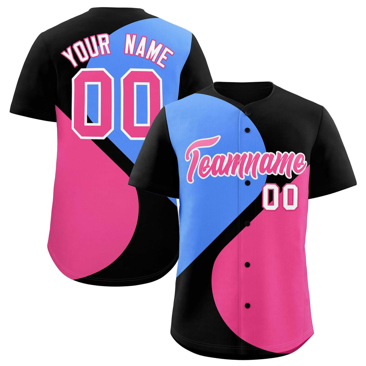 Custom Black Powder Blue-Pink Color Block Personalized Half Heart Pattern Authentic Baseball Jersey| KXKSHOP
