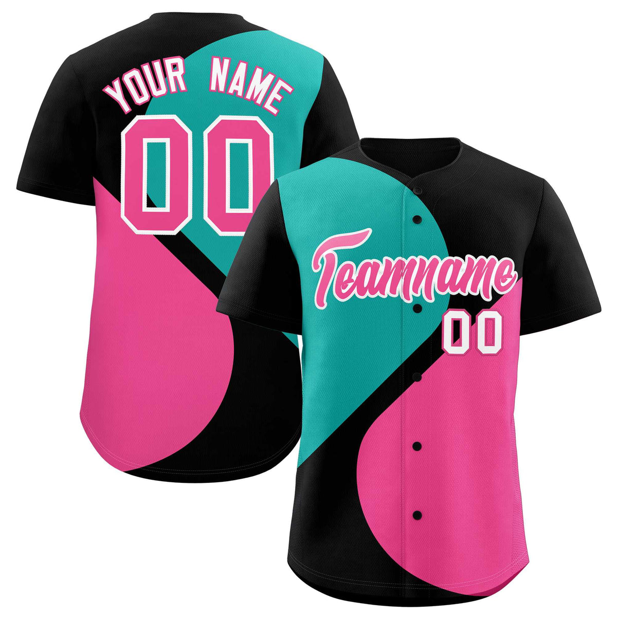 Custom Black Aqua-Pink Color Block Personalized Half Heart Pattern Authentic Baseball Jersey| KXKSHOP