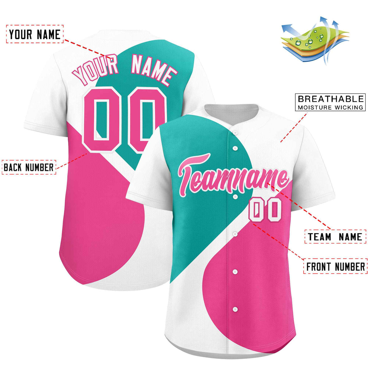 Custom White Aqua-Pink Color Block Personalized Half Heart Pattern Authentic Baseball Jersey| KXKSHOP