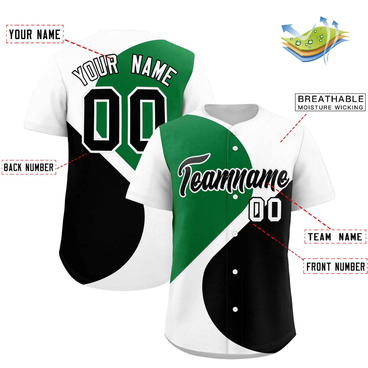 Custom White Kelly Green-Black Color Block Personalized Half Heart Pattern Authentic Baseball Jersey| KXKSHOP