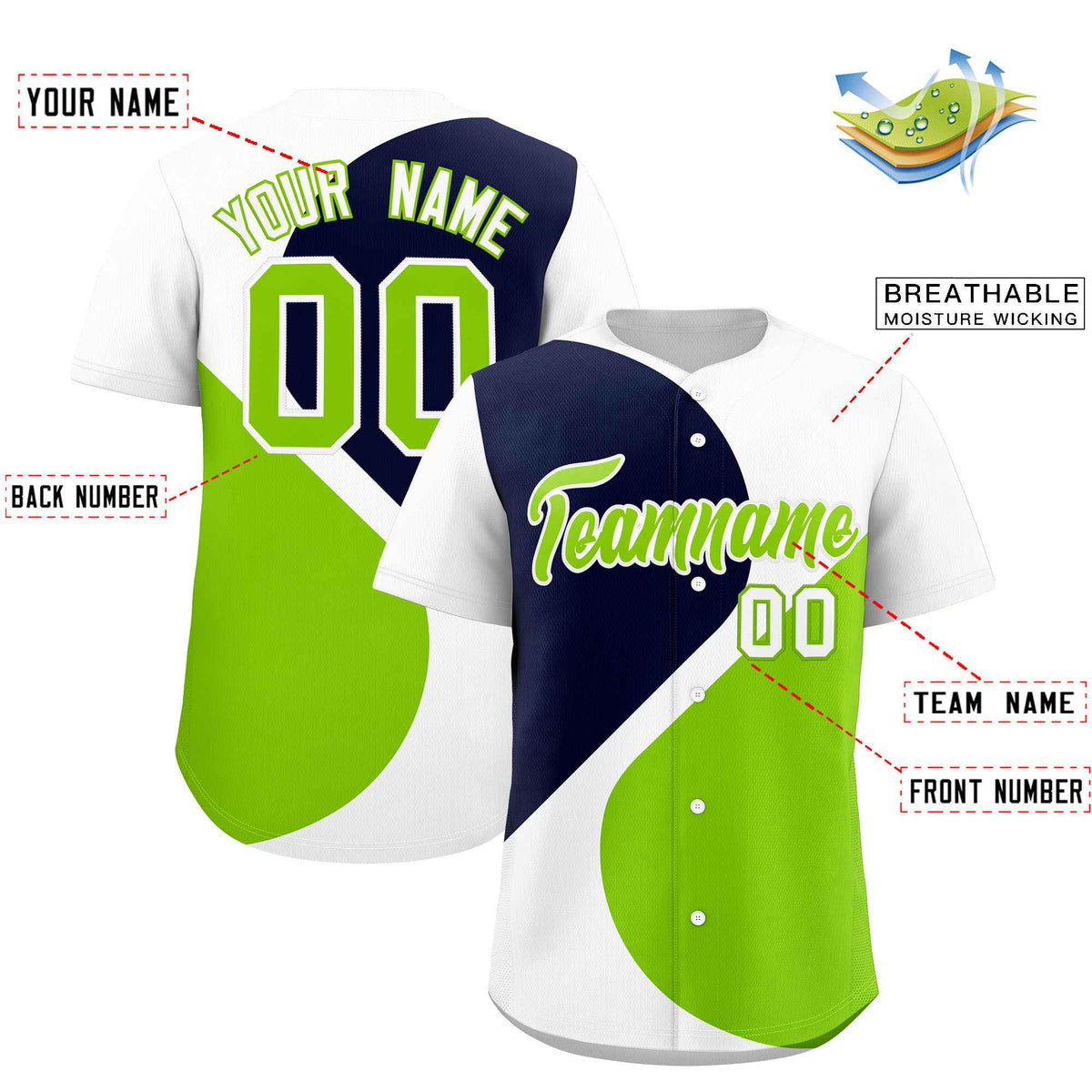 Custom White Navy-Neon Green Color Block Personalized Half Heart Pattern Authentic Baseball Jersey| KXKSHOP