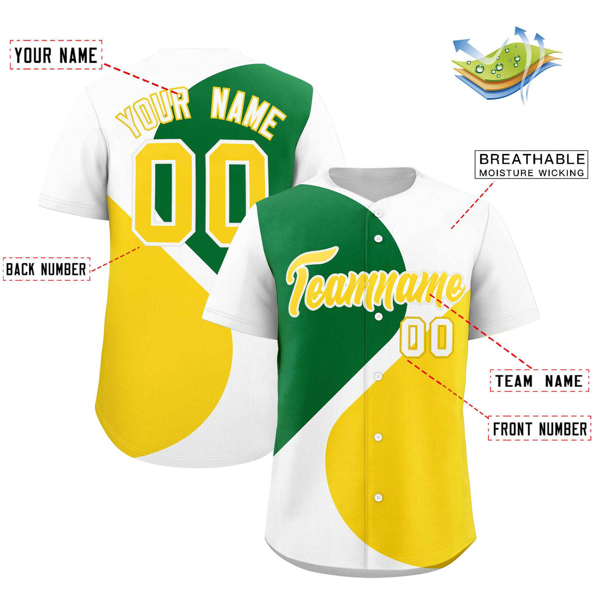 Custom White Kelly Green-Gold Color Block Personalized Half Heart Pattern Authentic Baseball Jersey| KXKSHOP