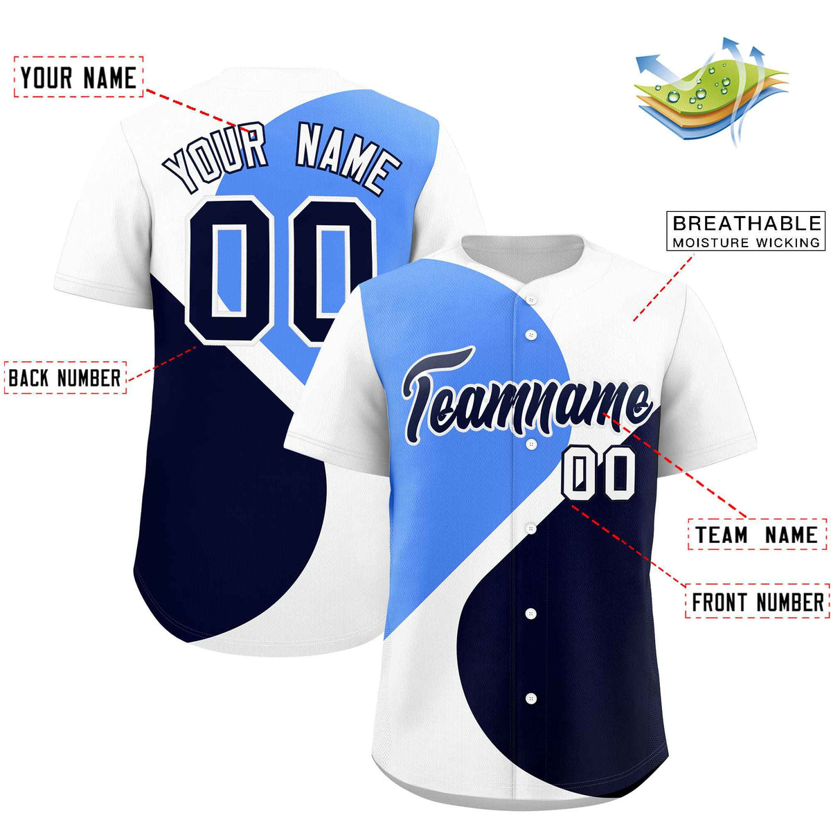 Custom White Powder Blue-Navy Color Block Personalized Half Heart Pattern Authentic Baseball Jersey| KXKSHOP