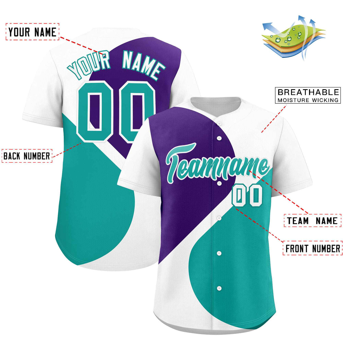 Custom White Purple-Aqua Color Block Personalized Half Heart Pattern Authentic Baseball Jersey| KXKSHOP