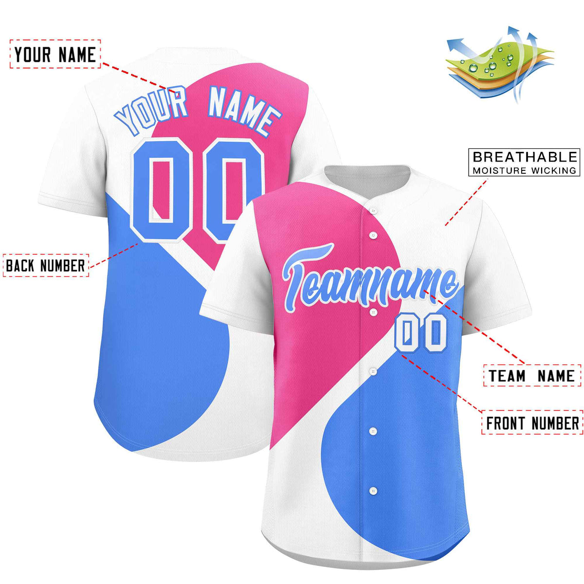 Custom White Pink-Powder Blue Color Block Personalized Half Heart Pattern Authentic Baseball Jersey| KXKSHOP